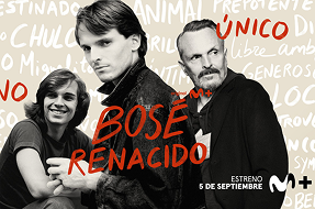 Portada del programa Bosé Renacido donde sale el 3 veces en diferentes años de su vida sobre un fondo beige con letras